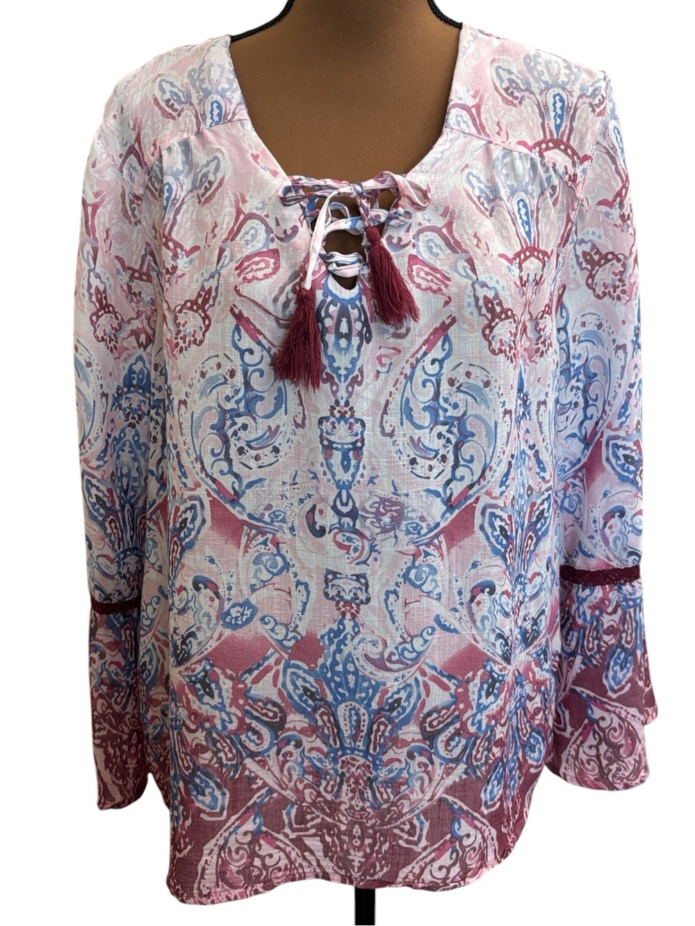 St‎ John's Bay Floral Pink Blue Tassel Tie Bell Sleeve Peasant Blouse Size XL